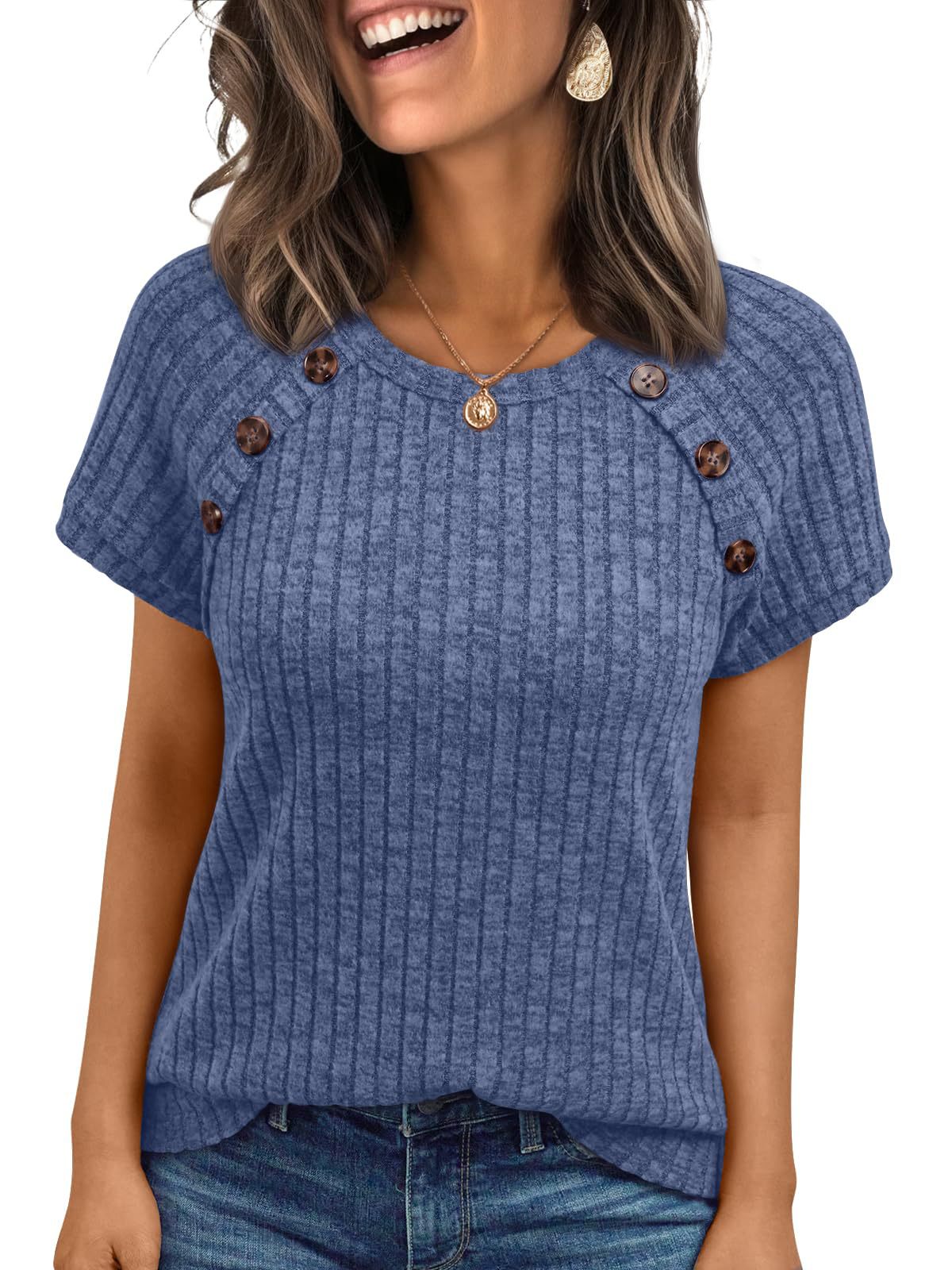 Womens Ribbed Crew-neck Button-panel Short-sleeve Top