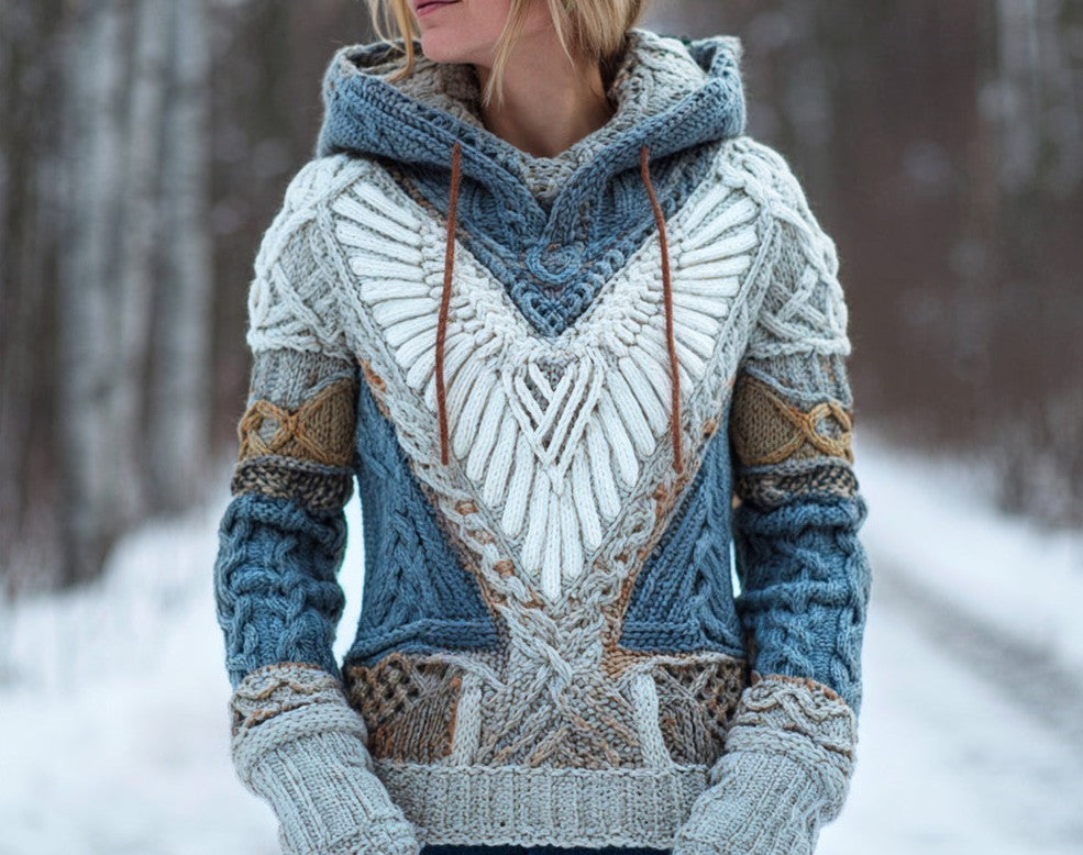 Autumn Winter Hooded Knit Top With 3D Digital Print