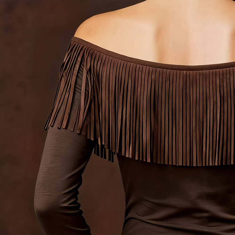 Fringed Top With Long Sleeves Vintage Form-fitting And Sexy