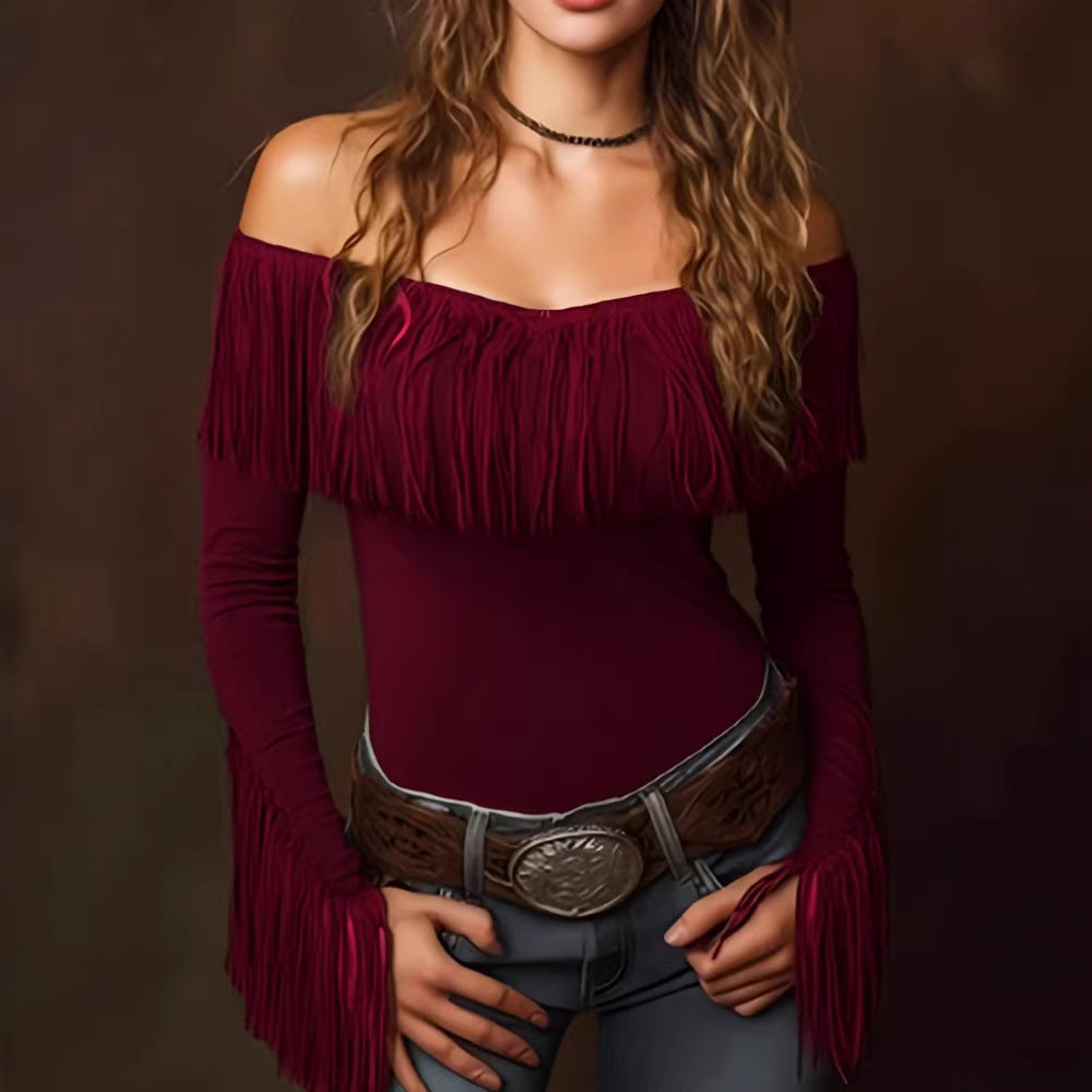 Fringed Top With Long Sleeves Vintage Form-fitting And Sexy
