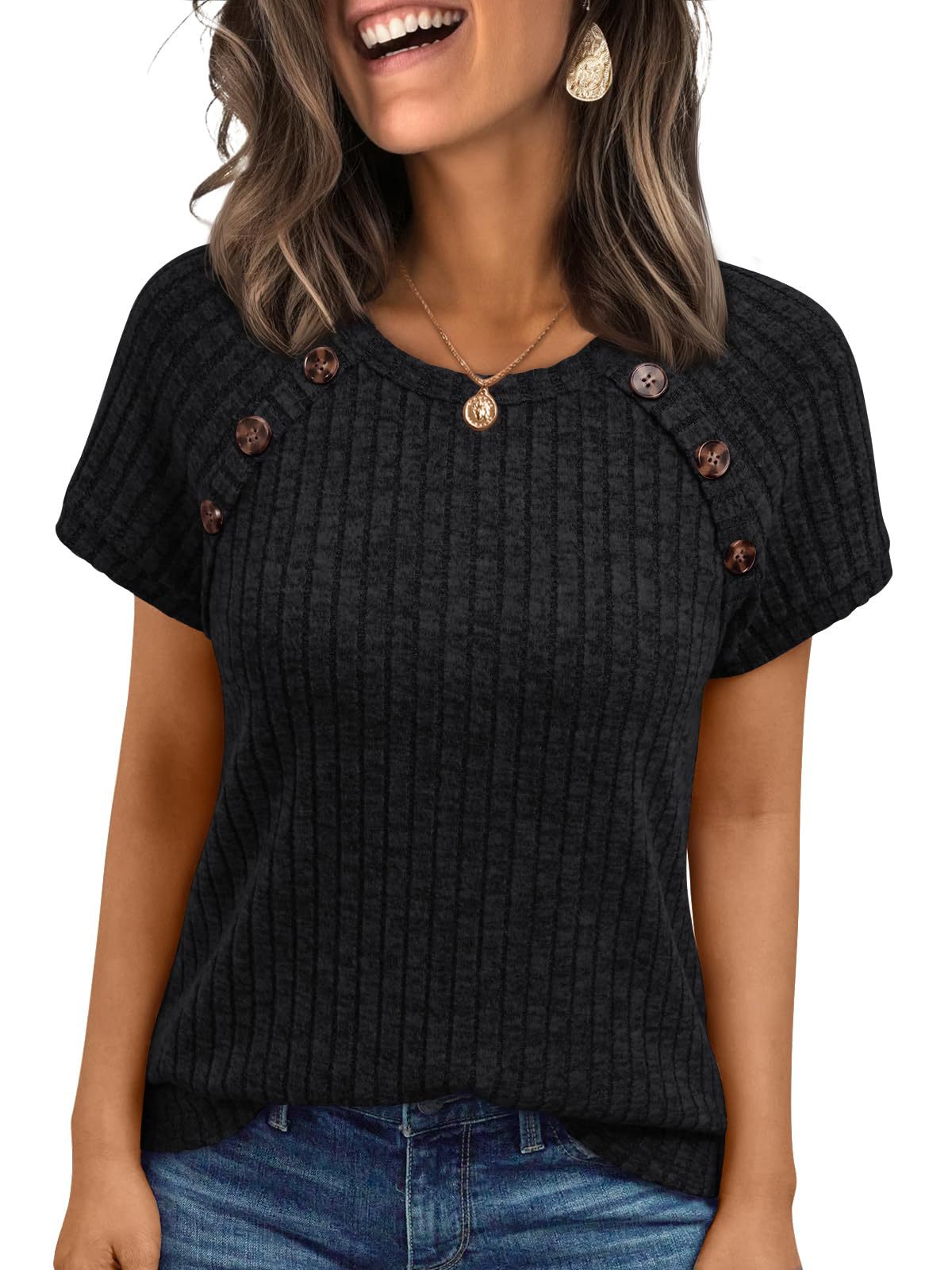 Womens Ribbed Crew-neck Button-panel Short-sleeve Top