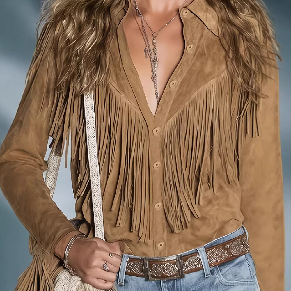 Fashionable Tasseled Lapel Western-Style Vintage Shirt