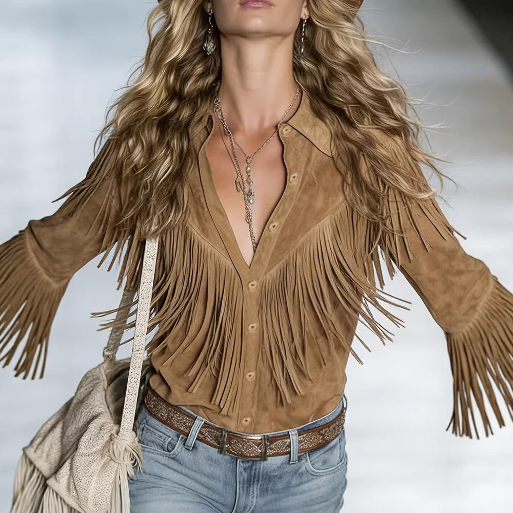 Fashionable Tasseled Lapel Western-Style Vintage Shirt