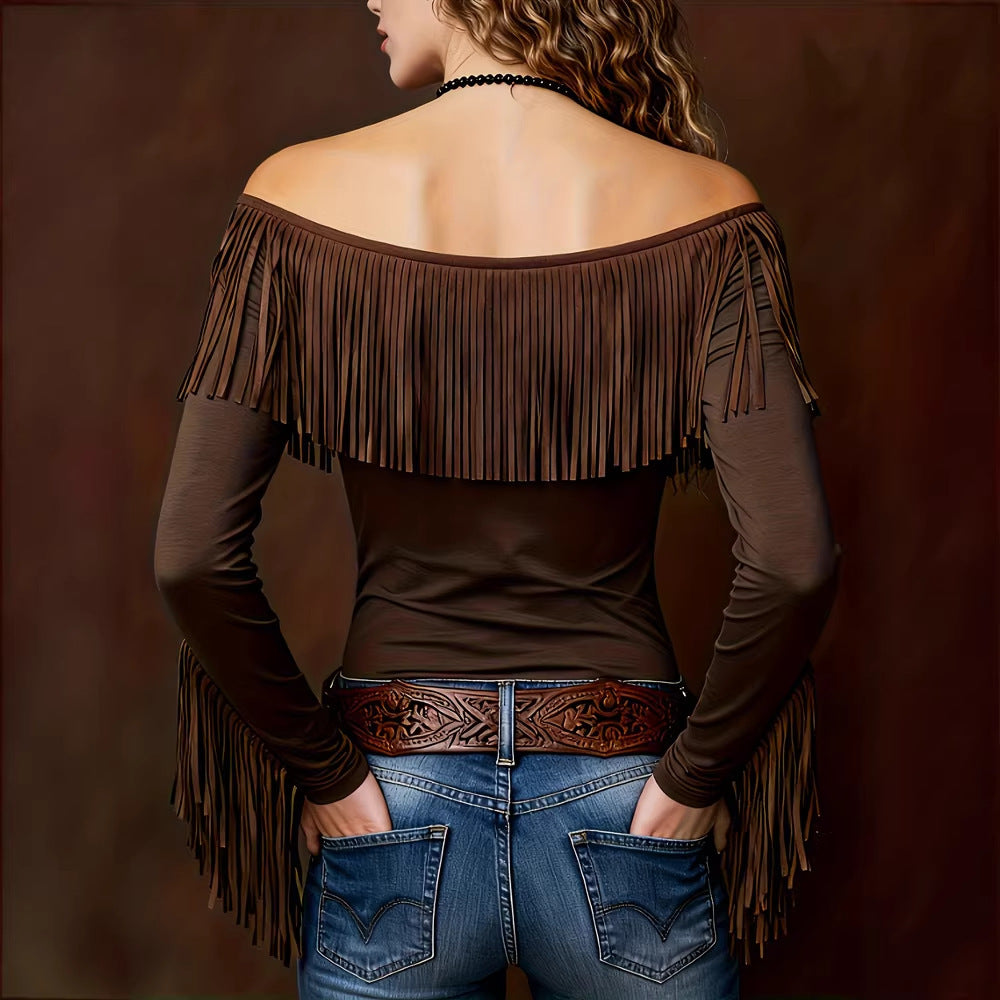 Fringed Top With Long Sleeves Vintage Form-fitting And Sexy