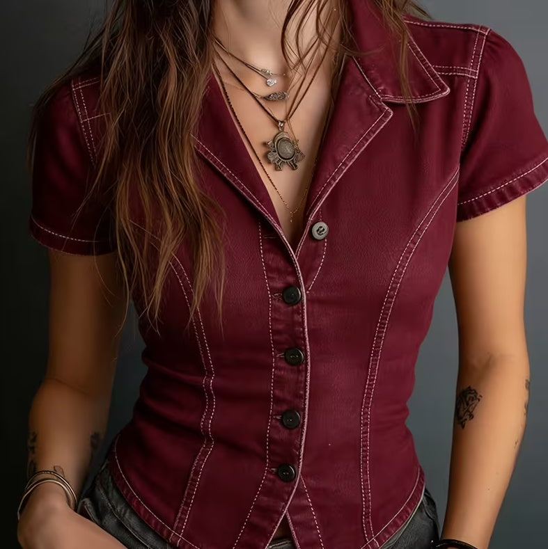 Vintage Waist-Cinched Short-Style Blazer-Collar Short-Sleeve Shirt