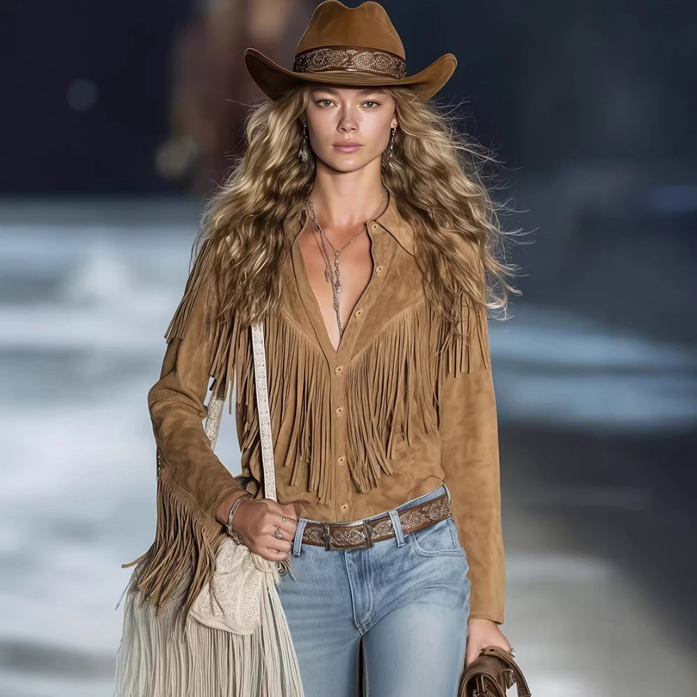 Fashionable Tasseled Lapel Western-Style Vintage Shirt